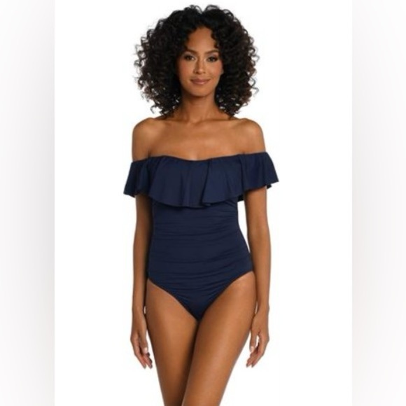 NWT La Bianca Island Goddess Navy Blue Off Shoulder Back One Piece Swimsuit 12 - Picture 1 of 4